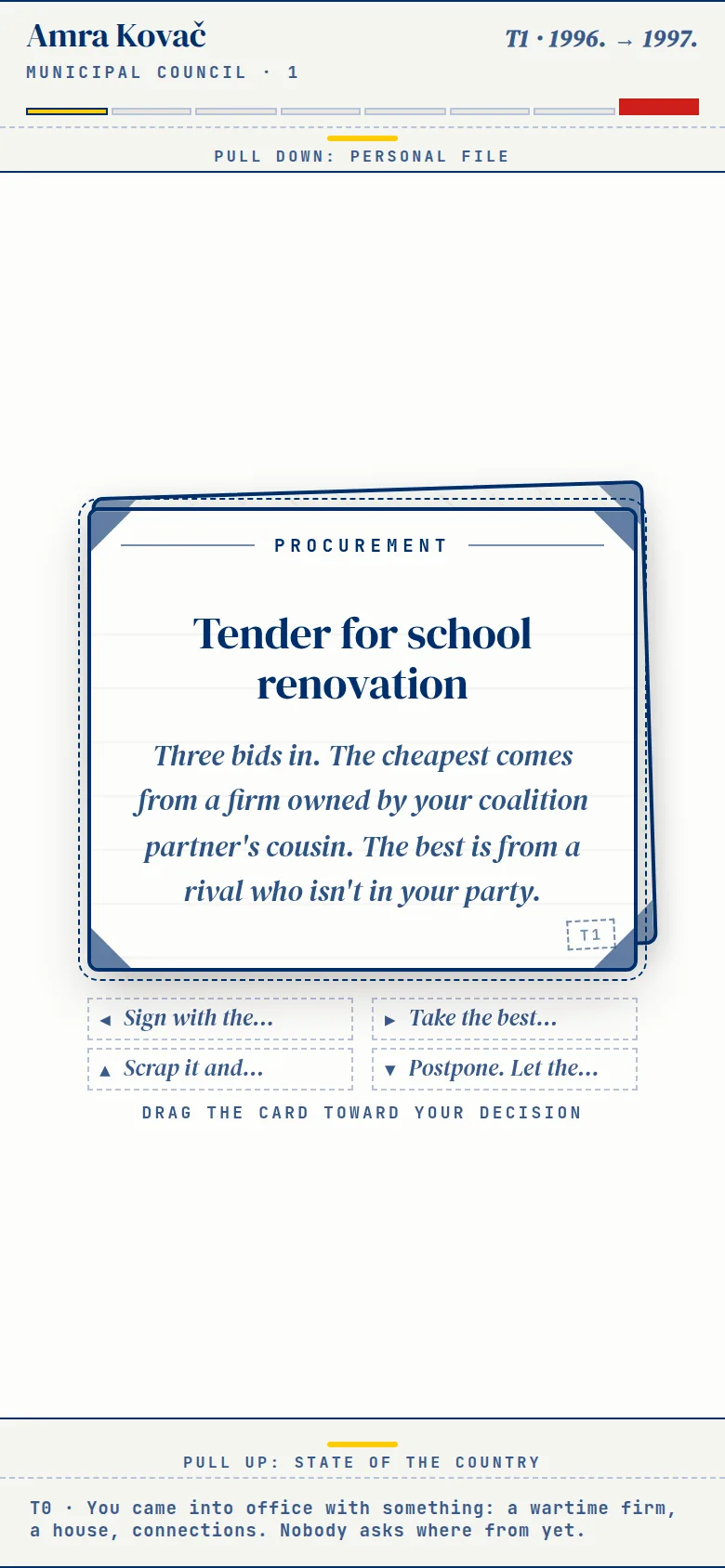 A turn: the card Tender for school renovation, with four choices around it and the instruction Drag the card toward your decision.