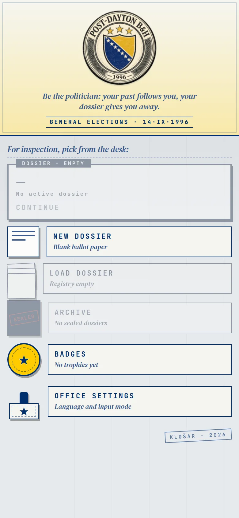 The desk: a new dossier, load dossier, archive, badges and office settings.