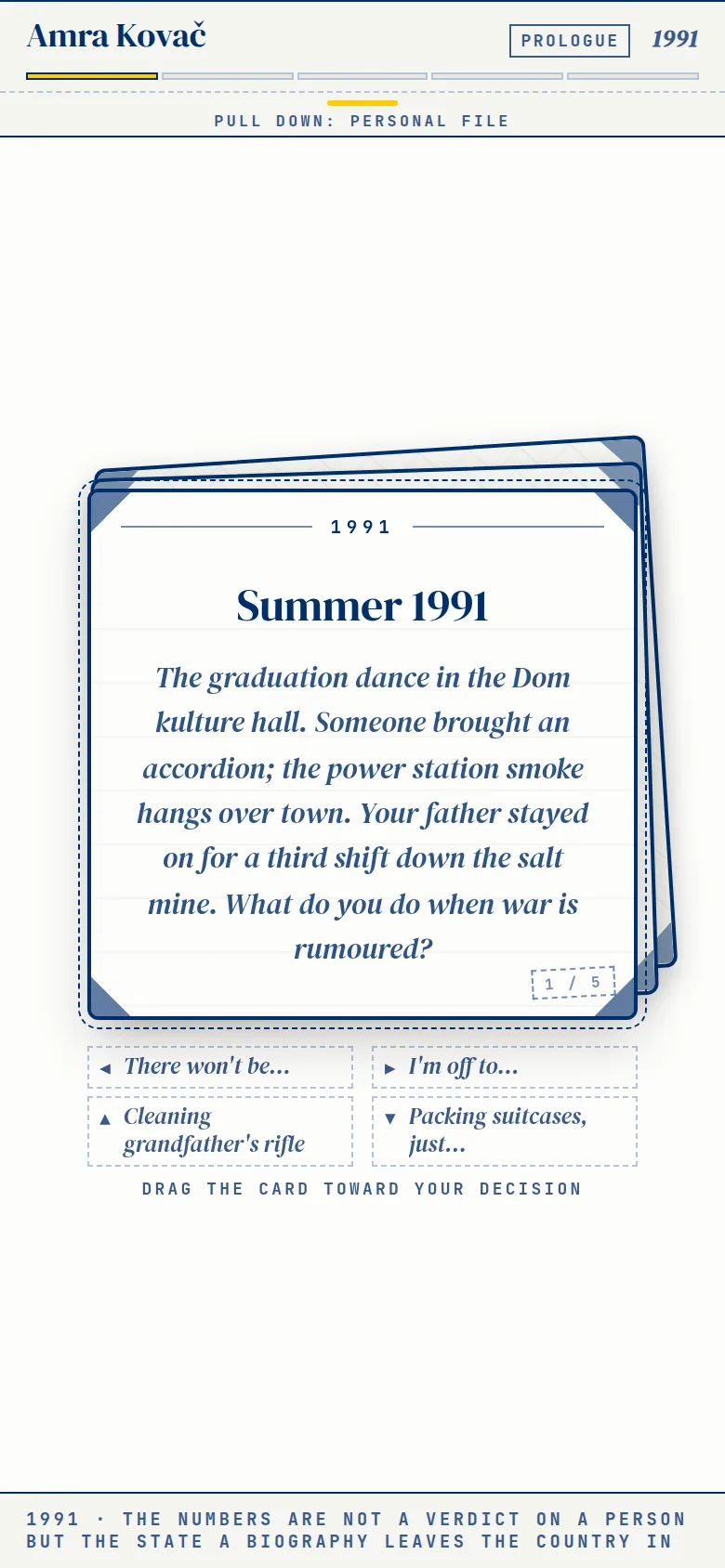 The prologue card Summer 1991: a graduation dance in the house of culture, smoke from the power station, and the question what do you do when war is rumoured.