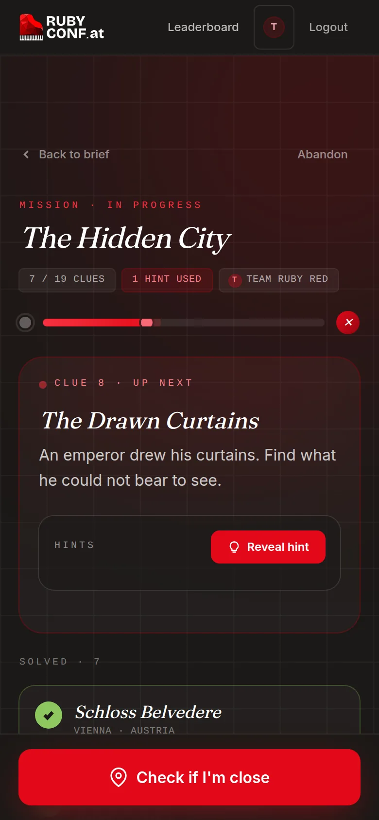 A clue in progress: The Hidden City, clue 8 of 19, The Drawn Curtains, with a hint button and a Check if I'm close button.