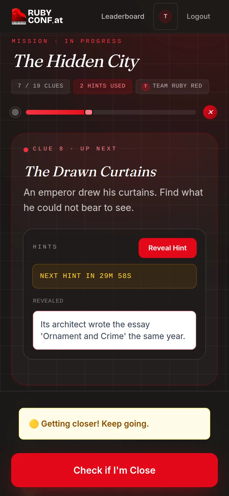 A revealed hint and a countdown: next hint in 29 minutes 58 seconds.