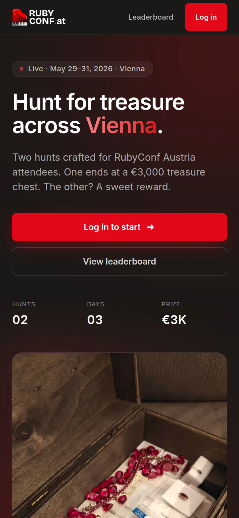 The landing page: Hunt for treasure across Vienna. Two hunts crafted for RubyConf Austria attendees; one ends at a 3,000 euro treasure chest.