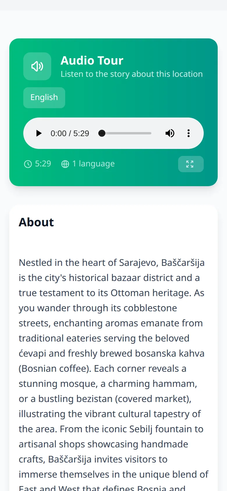 The Baščaršija audio tour on a phone: a five and a half minute player, then the description of the bazaar.