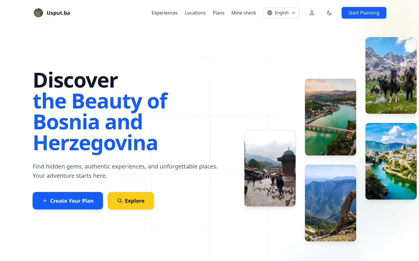 The Usput.ba home page: Discover the beauty of Bosnia and Herzegovina, with buttons to create a plan or explore, beside a collage of photos from across the country.