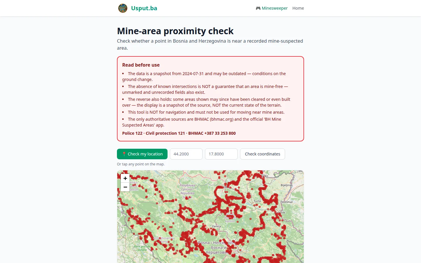 The Usput.ba mine-area proximity check: a red warning box to read before use, coordinate fields, and a map of Bosnia and Herzegovina with mine-suspected areas in red.