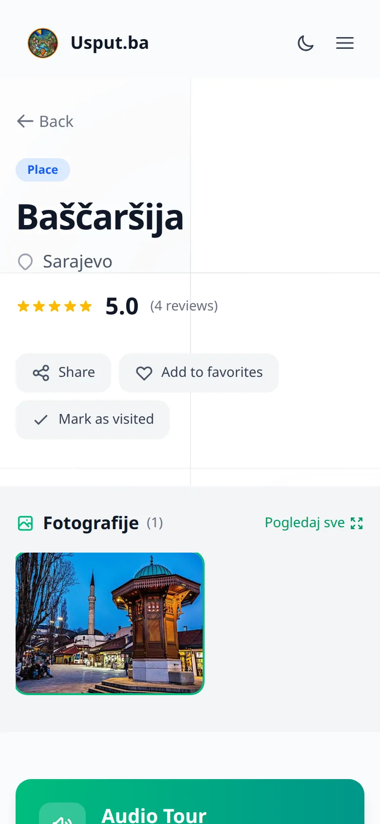 The Baščaršija page on a phone: Sarajevo, rated 5.0 from four reviews, a photo of the Sebilj fountain.